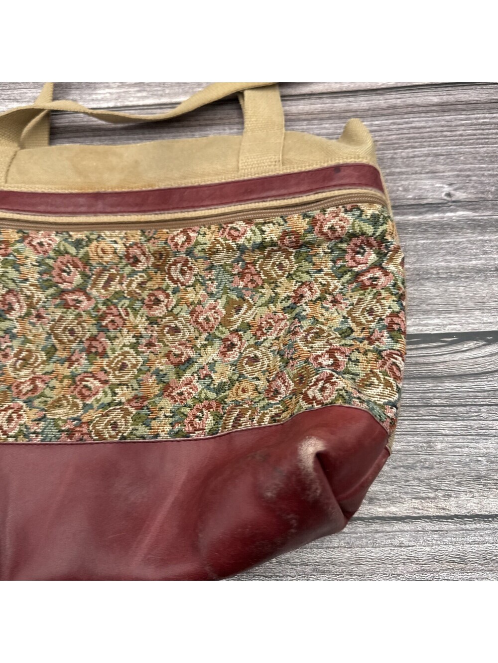VTG 90’s My Maine Bag Leather FabricFloral Tapestry Tote Bag Boho Grannycore - Picture 6 of 8